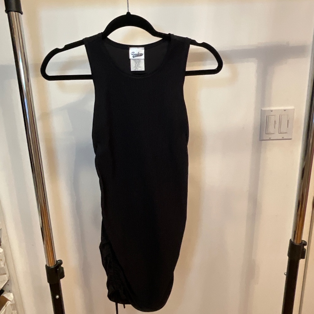 Black Sleeveless Ribbed bodycon dress with ruched string sides